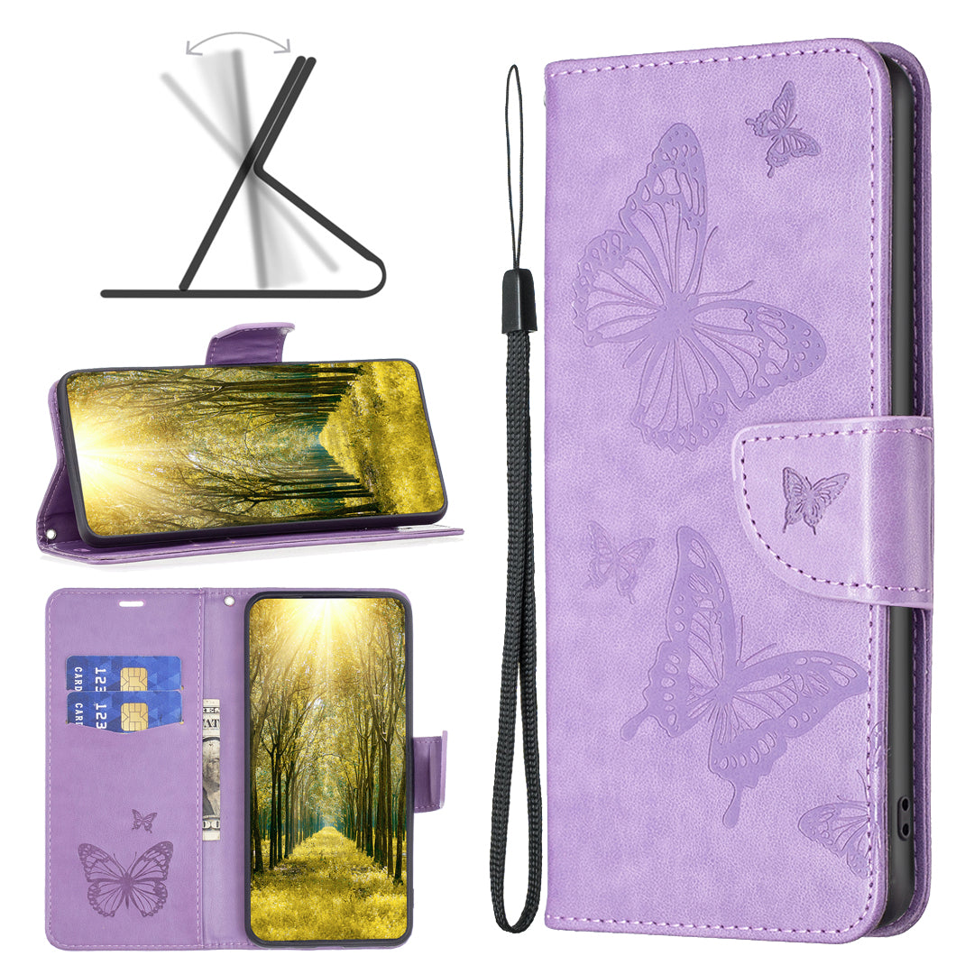 Uniqkart for iPhone 15 Foldable Stand Wallet Phone Flip Case Butterfly Imprinted Leather Cover with Strap - Purple Uniqkart for iPhone 15 Foldable Stand Wallet Phone Flip Case Butterfly Imprinted Leather Cover with Strap - Purple